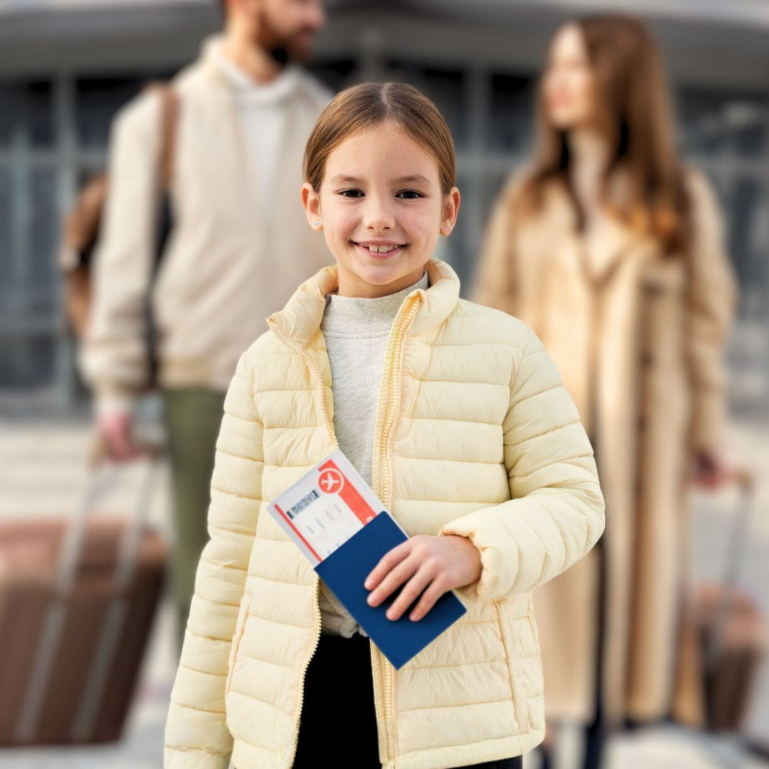 Young passenger with flight tickets and family ready to board a private leisure charter flight.